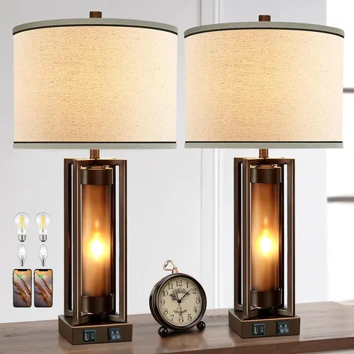 Vista 14 de Lámparas de mesa rústicas para sala de estar con puertos USB C+A, lámpara de mesita de noche vintage de granja con luz nocturna de acrílico ámbar