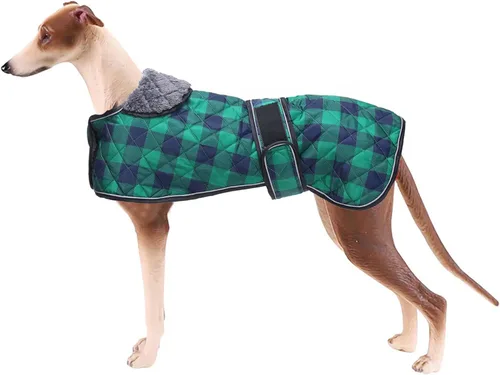 Vista 12 de Geyecete Abrigo impermeable para perro Greyhound Whippet Lurcher con forro polar cálido en el interior, ropa para perros al aire libre con bandas
