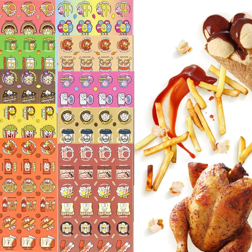 Vista 5 de Calcomanías para rascar y oler, 576 piezas de calcomanías con olor a frutas y alimentos, 24 hojas de aromas, 144 diseños, calcomanías de recompensa
