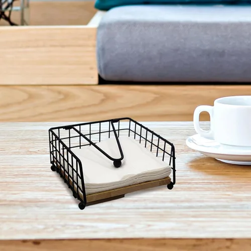 Vista 5 de Wooden and Iron Napkin Holder Flat Napkin Dispenser with Metal Arm Decorative Table Stand Suitable for Dining Room Kitchen, Black