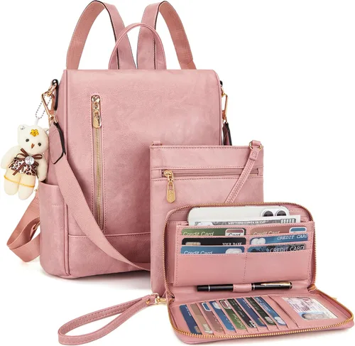 Vista 11 de Soperwillton Mochila de moda para mujer, bolso de hombro de cuero antirrobo, bolsa de viaje, múltiples bolsillos, cartera, juego de 3 piezas