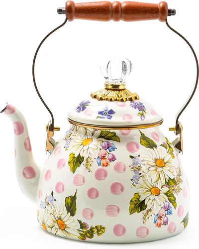 Vista 10 de MACKENZIE-CHILDS Tetera de Esmalte, Tetera Bonita para Estufa, 2 Cuartos, Rosa Silvestre Marrón Diseño aplicado a mano, hecho de acero esmaltado