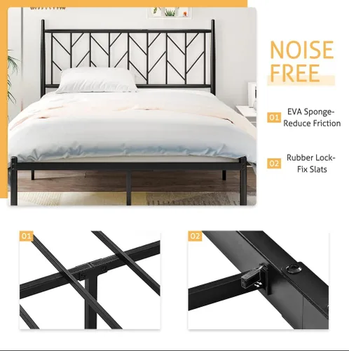 Vista 5 de SHA CERLIN Base de cama de metal con cabecera vintage, plataforma resistente con postes redondos, 12 pulgadas debajo de la cama para almacenamiento