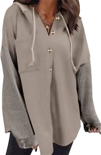Vista 12 de SHEWIN - Sudadera de gran tamaño para mujer, de ajuste holgado, casual, manga larga, con botones, con capucha y bolsillos a gris