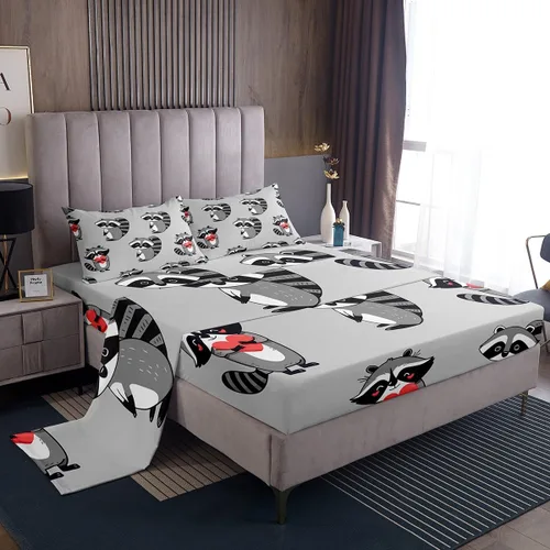 Vista 7 de Erosebridal Juego de sábanas tamaño individual de mapache para niños y niños, sábanas florales rosas de animales del bosque, juego de ropa de cama