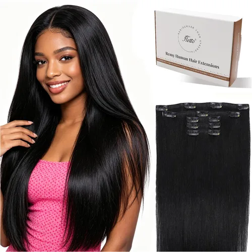 Vista 19 de Hetto . Extensiones de cabello humano rizado con clip, color #1 negro azabache, extensiones de cabello humano ondulado natural para cabeza completa