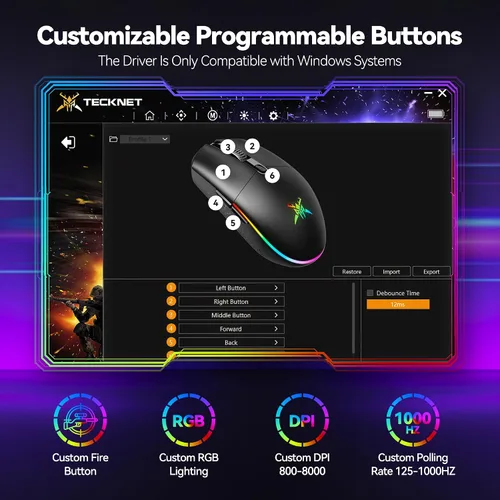 Vista 4 de TECKNET Mouse inalámbrico para juegos recargable, 8000 DPI, batería de 100 horas de larga duración, retroiluminación RGB, 6 botones programables