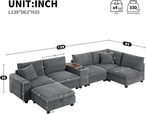 Vista 51 de Sofá modular de 103 pulgadas con 2 consolas acrílicas, juego de sofá en forma de U de gran tamaño con cargador USB, cajones de almacenamiento, Beige