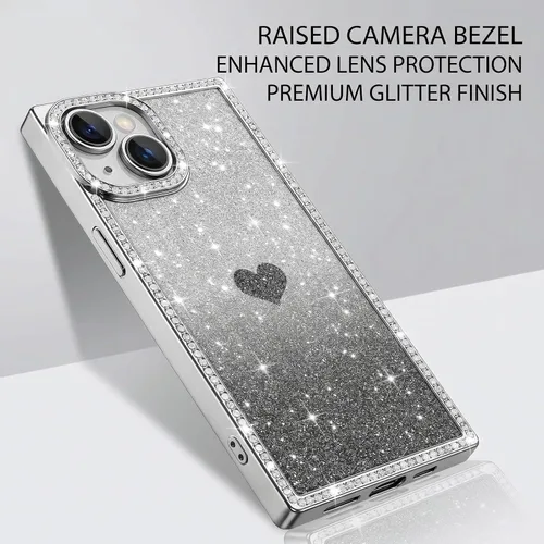 Vista 7 de Funda para iPhone 13, funda de diamantes de imitación de lujo con patrón de corazón de amor de cristal [papel con purpurina extraíble], parachoques