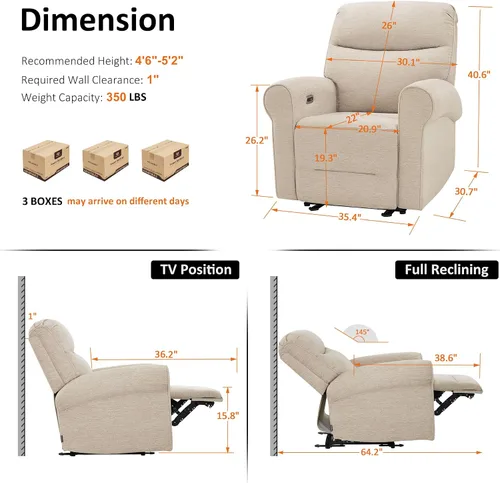 Vista 3 de MCombo Silla Reclinable Eléctrica Compacta que se Pega a la Pared para Espacios Pequeños, Puertos USB-A/C Duales, Sillón Reclinable de Brazos Curvos