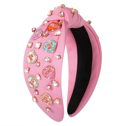 Vista 11 de MOLOCH Diadema de corazón rosa para mujer con diamantes de imitación, diadema de corazón con nudo de cristal, banda ancha de terciopelo a la moda
