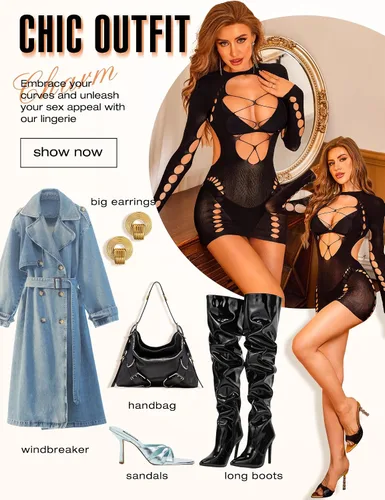 Vista 5 de RSLOVE Lencería sexy babydoll Chemise Vestido corto de malla para mujer, sin espalda, manga larga, travieso, trajes de una pieza