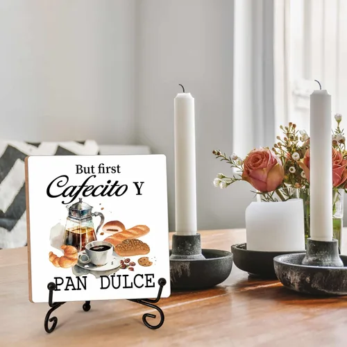 Vista 3 de Letrero de barra de café, letrero de madera de cafecito de 5 x 5 pulgadas con soporte de hierro, perfecto para decoración de mesa de oficina