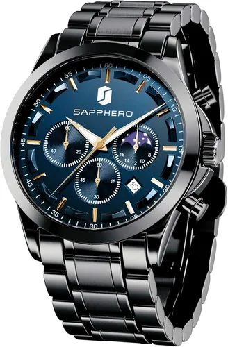 Vista 19 de SAPPHERO Relojes para hombre, cronógrafo, de acero inoxidable, impermeable, cuarzo, para negocios, casual, reloj de vestir para hombre, fecha Negro
