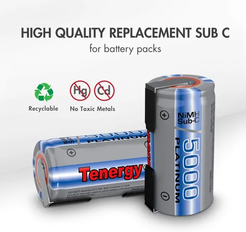 Vista 3 de Tenergy Batería recargable NiMH SubC de 5000 mAh con parte superior plana (con pestañas), paquete de 10