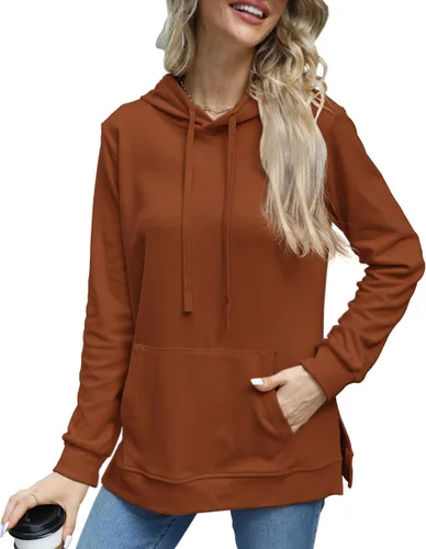 Vista 2 de Beimuc Sudaderas con capucha para mujer, con dobladillo dividido, con cordón, casual, manga larga, con bolsillos