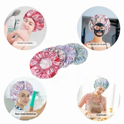 Vista 3 de 4 piezas de gorros de ducha para mujer, gorros de baño con estampado, gorro de ducha de doble capa reutilizable e impermeable, gorros de ducha