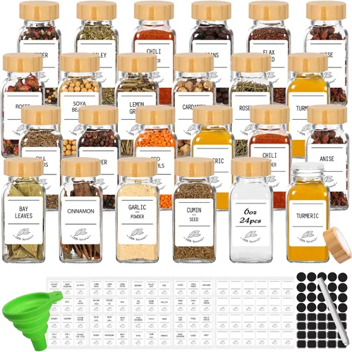 Vista 8 de Tarros de especias de vidrio de 4 onzas con tapas de bambú, paquete de 16 botellas de especias 120ml Seasoning Containers Empty Spice Jars with