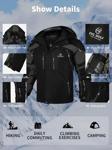 Vista 2 de EVIL WOLF Chaqueta de esquí impermeable para hombre, con capucha y cálida, con múltiples bolsillos, equipo esencial de invierno para esquí