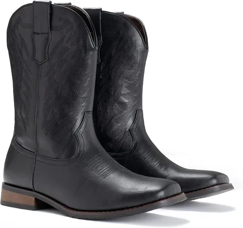 Vista 8 de IUV Botas de Vaquero para Hombre de Pie Ancho Punta Cuadrada Botas Occidentales con Bordado Clásico Duraderas Sin Cordones Negro