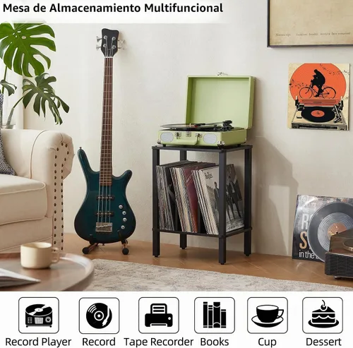 Vista 7 de LELELINKY Soporte para tocadiscos de 2 niveles con almacenamiento de discos de vinilo hasta 100 álbumes, soporte para discos de dormitorio y mesa