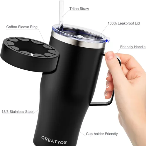 Vista 5 de Funda universal para café helado con asa - Soporte aislante de acero inoxidable reutilizable de doble pared para bebidas frías que se adapta a tazas