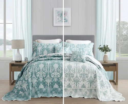 Vista 15 de Edredón extragrande para cama King, diseño de patrón damasco matelasse de jacquard, ligero, reversible, 5 piezas, 100% microfibra, pasta de frijol