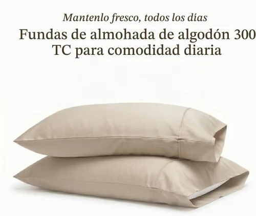 Vista 2 de Threadmill - Fundas de almohada de algodón de 300 hilos, satén, beige, 2 piezas Beige sólido