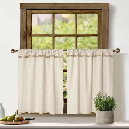 Vista 11 de Cenefa de lino de algodón para ventanas con ribete de encaje de arpillera rústica de 12 pulgadas, cenefa de cocina con bolsillo para barra, cortina