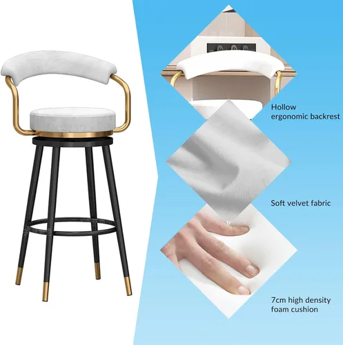 Vista 4 de Taburetes de bar giratorios modernos, sillas de altura de mostrador con respaldo dorado/negro, reposapiés de terciopelo, taburetes de bar