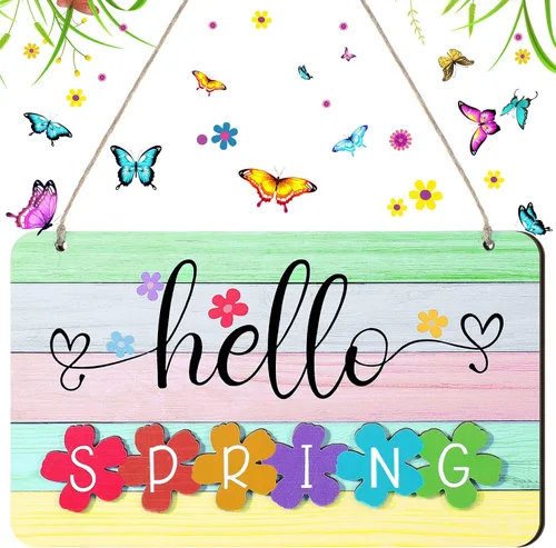Vista 7 de Letrero de verano con texto en inglés «Hello Summer» para puerta delantera, decoración de bienvenida, letrero colgante para puerta de casa de campo