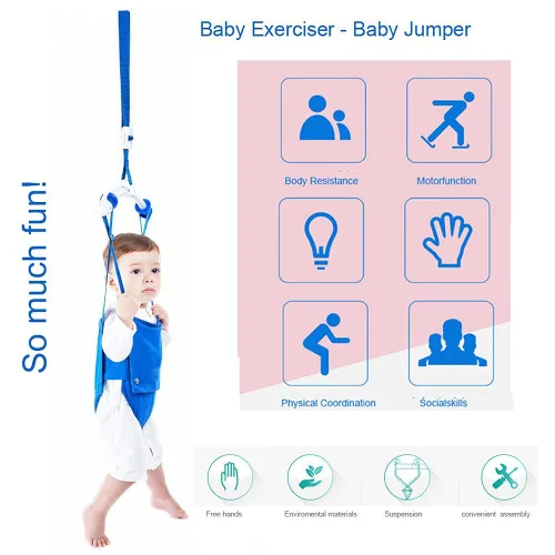 Vista 8 de Playful Parade saltador para puerta para bebé, con abrazadera para la puerta y correa ajustable, para niños de 6 a 24 meses Azul