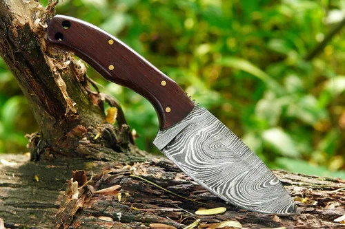 Vista 7 de Cuchillo de Acero de Damasco con Funda de Cuero – Cuchillo de Hoja Fija de Espiga Completa de 7.5" con Mango de Madera de Palisandro de 4