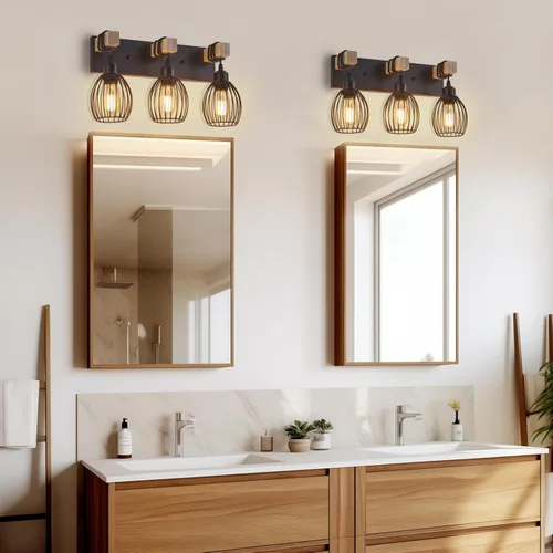 Vista 7 de Luz de tocador de granja de 3 luces para baño, aplique de pared de madera con elegante jaula en forma de lágrima, luces de tocador industriales