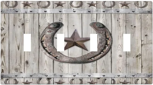 Vista 66 de Cubiertas de pared de estilo rústico occidental de madera puerta de granero herradura de hierro estrella placas de pared simple dúplex cubiertas