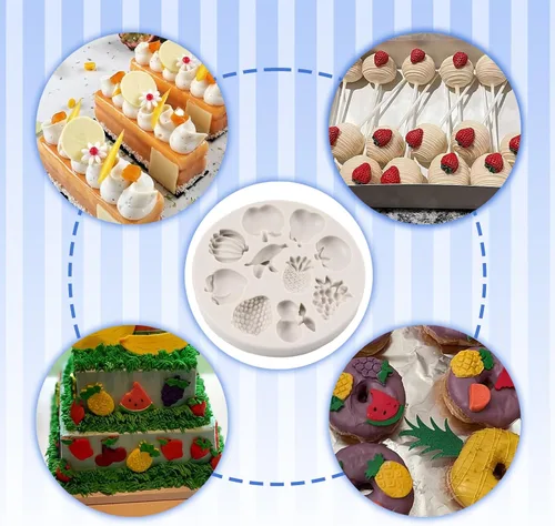 Vista 3 de Moldes de silicona para frutas de 10 formas para decoración de pasteles de fondant, tomate, cereza, fresa, melocotón, plátano, uvas, piña, pera