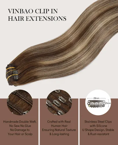 Vista 80 de VINBAO Extensiones de cabello humano con clip, balayage, color marrón ceniza a rubio caramelo, 14 pulgadas, 6 unidades, 3.53 onzas, 6