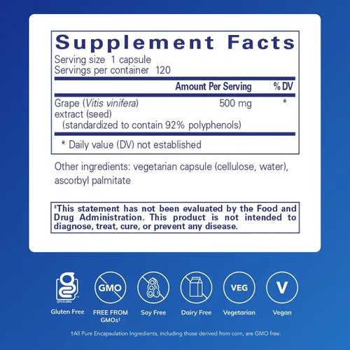 Vista 2 de Pure Encapsulations Grape Pip 500 mg Apoya la salud vascular* 120 cápsulas