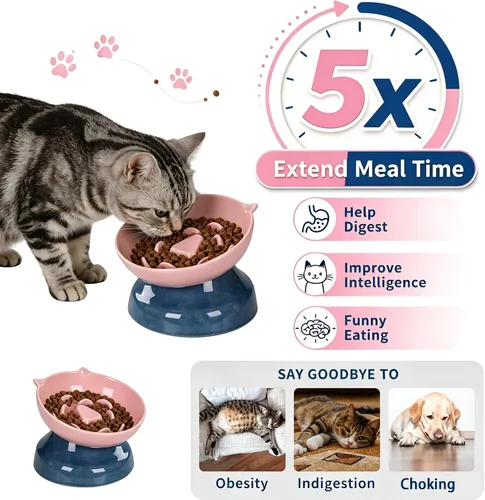 Vista 2 de Cuenco de cerámica para gatos de alimentación lenta Rosa