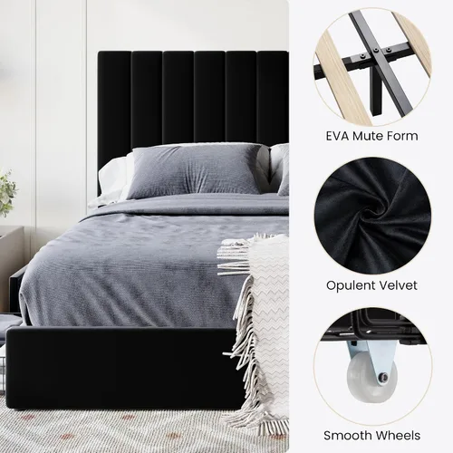 Vista 7 de SHA CERLIN Base de cama de plataforma tamaño matrimonial con 4 cajones de almacenamiento, cabecera acolchada vertical con diseño acanalado