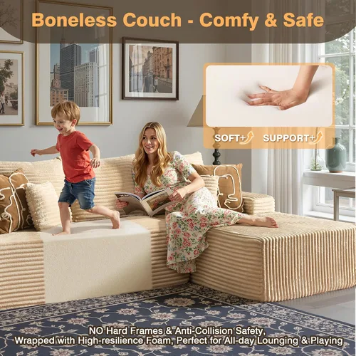 Vista 4 de Sofá modular Cloud de 96 pulgadas con tumbona, asiento profundo en forma de L, moderno sofá cama sin hueso, no requiere montaje, sofás sin hueso