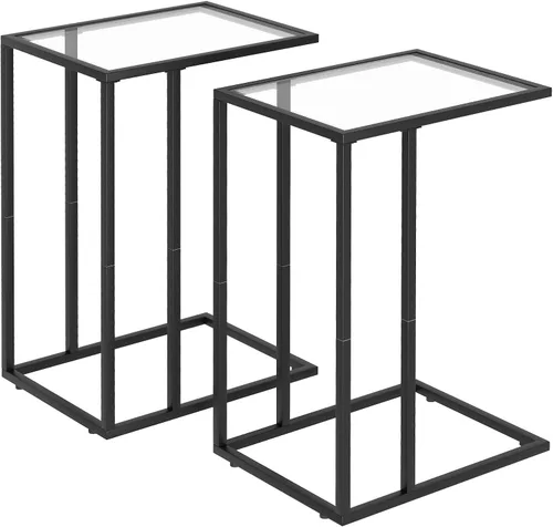 Vista 10 de Mesa auxiliar en forma de C, mesa auxiliar pequeña para sofá, mesa auxiliar de vidrio templado con marco de metal para espacios pequeños, sala