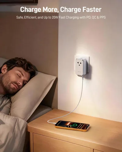 Vista 8 de EPICKA Adaptador de viaje universal Air 20W PD&QC con 1AC/3USB-C/1USB-A Adaptador de enchufe de tamaño compacto y delgado para EE. UU., UE, Reino