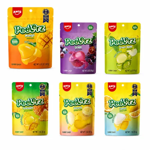 Vista 12 de AMOS Peelerz - Paquete variado de gomitas pelables, sabor mango, uva, manzana verde y piña, hecho con jugo de fruta real, 4 bolsas, 13.22 oz (375 g)