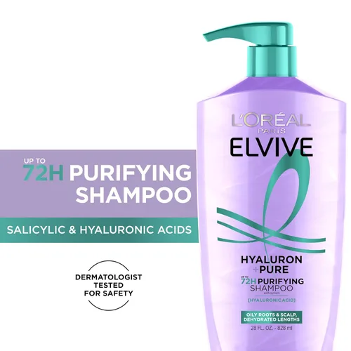 Vista 2 de L'Oreal Paris Elvive Hyaluron + Pure 72H Champú purificador para cabello graso, champú clarificador con ácido salicílico y ácido hialurónico, 28