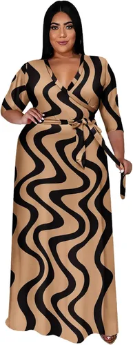 Vista 20 de Runwind Vestidos de Talla Grande para Mujeres Vestido Maxi Floral Suelto Manga 3/4 con Cinturón 01-Negro