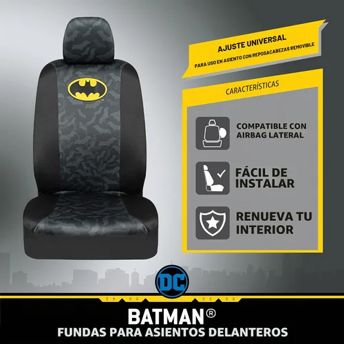 Vista 2 de BDK Warner Bros DC Comics Batman - Fundas de asiento delantero y almohadillas para cinturón de seguridad, ajuste universal para camiones, SUV