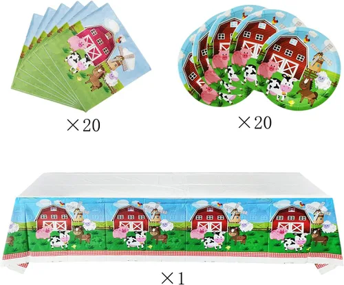 Vista 2 de Juego de vajilla de fiesta de animales de granja, 20 platos y 20 servilletas y mantel de 71 x 42 pulgadas, suministros de decoración para fiestas