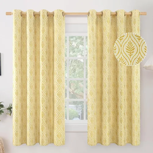 Vista 9 de BGment - Cortinas francesas de campo amarillas mostaza de 63 pulgadas de largo para dormitorio, patrón botánico de jacquard de hojas, estilo rústico