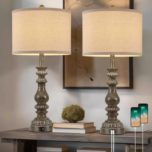 Vista 11 de Juego de 2 Lámparas de Mesita de Noche Estilo Granja para Dormitorio con Puertos USB A+C, Lámparas de Mesa Rústicas Vintage de 28" para Sala
